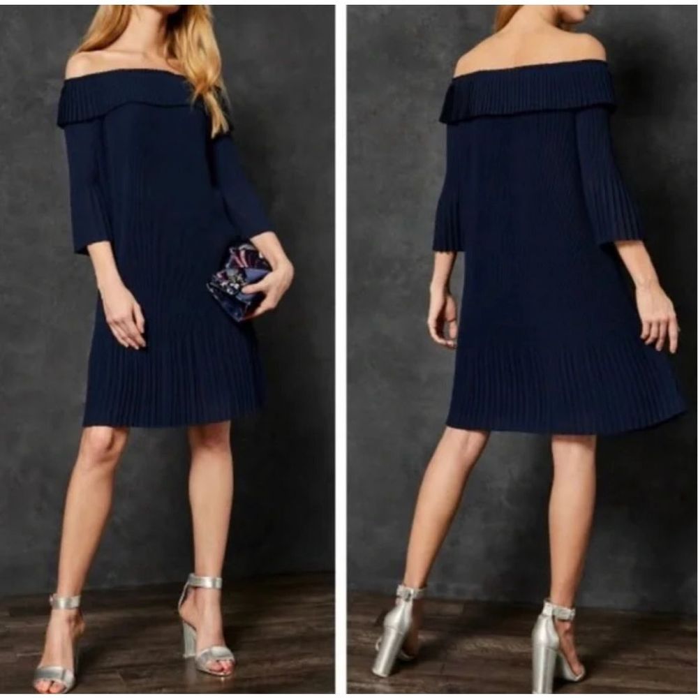 Ted baker navy blue pleated off the shoulder party dress size 10